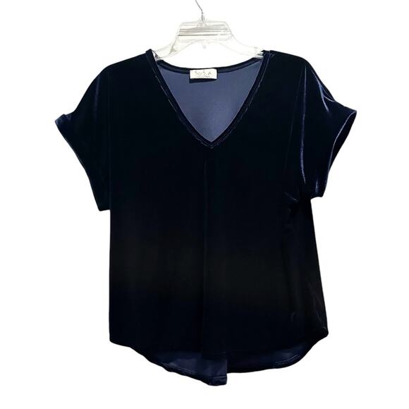 Sofia Made in Italy Blue Velvet Velour V Neck Top Shirt Large L Vintage Shirt - Picture 4 of 14